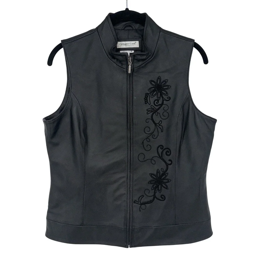 NEW Coldwater Creek Womens Leather Vest Black Small Embroidered Accents Full Zip